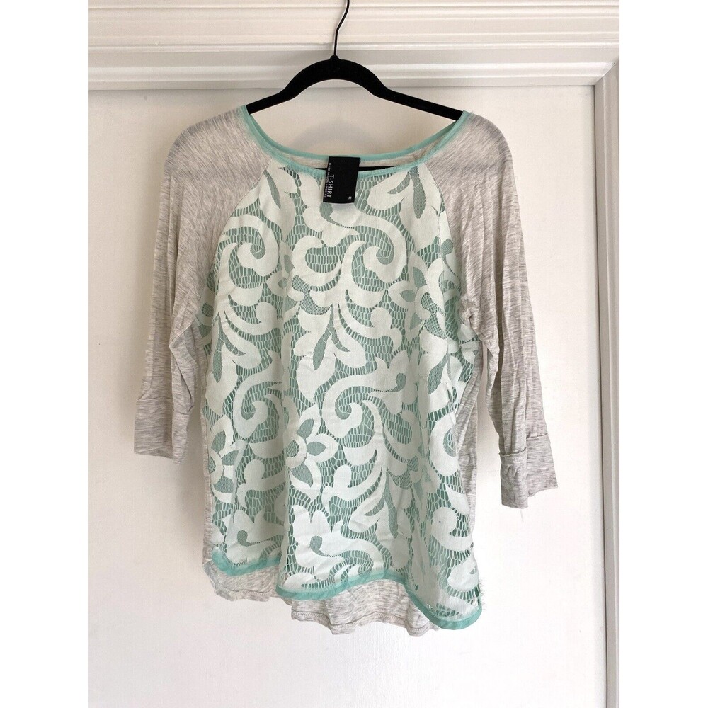 Dolan Anthropologie T Shirt Filigree Lace Top Green Heathered Gray 3/4 Sleeve M